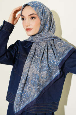 120 cm Etnik Desen Eşarp Lacivert - Başörtüsü