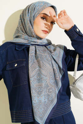 120 cm Etnik Desen Eşarp Mavi - VERTU (NYD TEKSTİL)