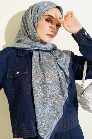 120 cm Etnik Desen Eşarp Mavi - Başörtüsü