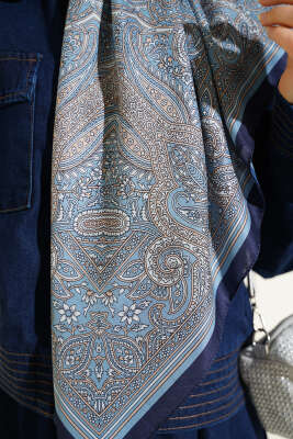 120 cm Etnik Desen Eşarp Mavi - Başörtüsü