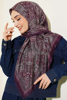 120 cm Etnik Desen Eşarp Mürdüm - Başörtüsü