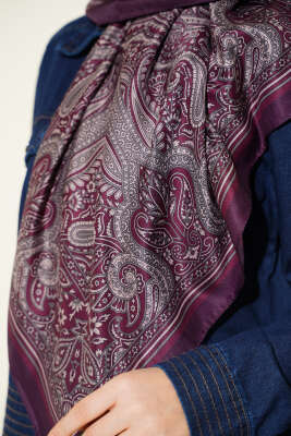 120 cm Etnik Desen Eşarp Mürdüm - Başörtüsü