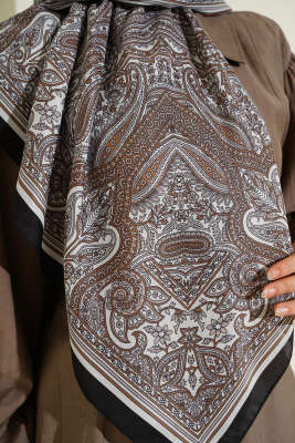 120 cm Etnik Desen Eşarp Siyah Ekru - Başörtüsü