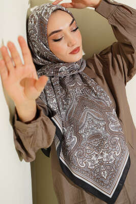 120 cm Etnik Desen Eşarp Siyah Ekru 