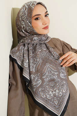 120 cm Etnik Desen Eşarp Siyah Ekru - Başörtüsü