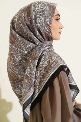 120 cm Etnik Desen Eşarp Siyah Ekru - Başörtüsü