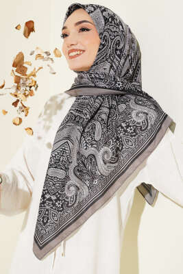 120 cm Etnik Desen Eşarp Siyah Vizon - VERTU (NYD TEKSTİL)