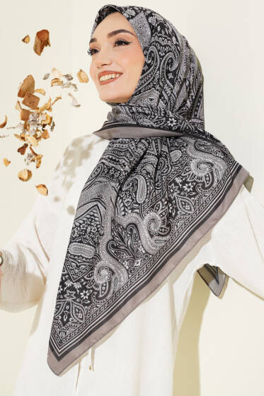 120 cm Etnik Desen Eşarp Siyah Vizon - Başörtüsü