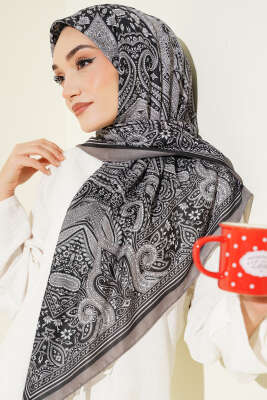 120 cm Etnik Desen Eşarp Siyah Vizon - Başörtüsü