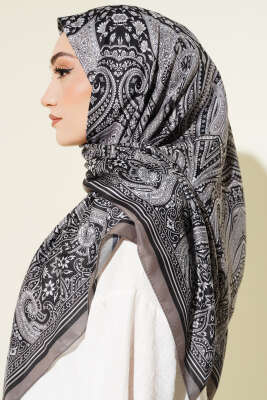 120 cm Etnik Desen Eşarp Siyah Vizon - Başörtüsü