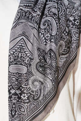 120 cm Etnik Desen Eşarp Siyah Vizon - Başörtüsü