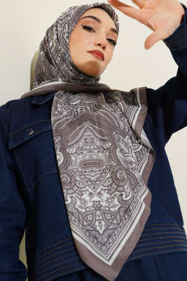 120 cm Etnik Desen Eşarp Vizon - VERTU (NYD TEKSTİL)