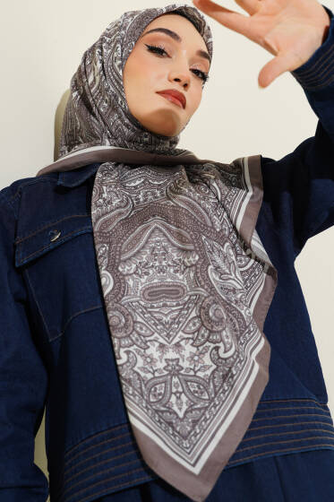120 cm Etnik Desen Eşarp Vizon - Başörtüsü