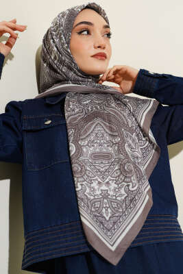 120 cm Etnik Desen Eşarp Vizon - Başörtüsü