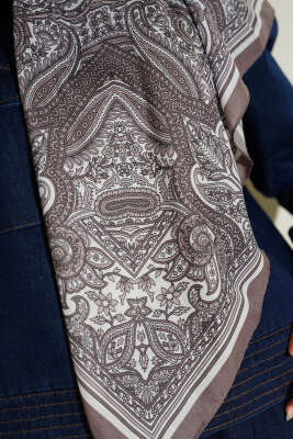 120 cm Etnik Desen Eşarp Vizon - Başörtüsü