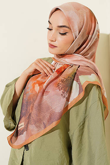 120 cm Flower Desen Eşarp Camel - Başörtüsü