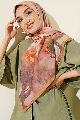 120 cm Flower Desen Eşarp Camel - Başörtüsü