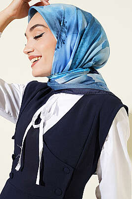 120 cm Flower Desen Eşarp Saks - Başörtüsü