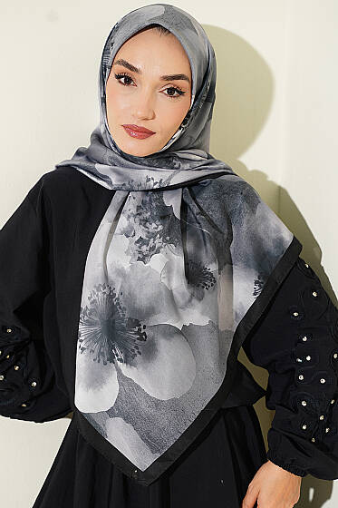 120 cm Flower Desen Eşarp Siyah - Başörtüsü
