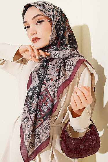 120 cm Motif Desenli Eşarp Bordo - Başörtüsü