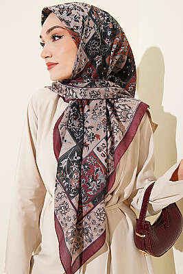 120 cm Motif Desenli Eşarp Bordo - Başörtüsü