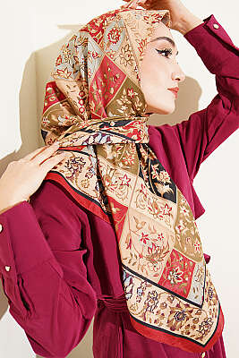 120 cm Motif Desenli Eşarp Kırmızı - Başörtüsü