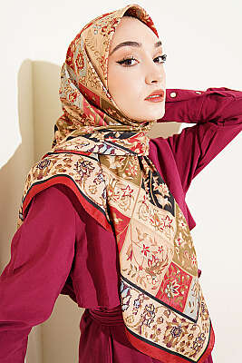 120 cm Motif Desenli Eşarp Kırmızı - Başörtüsü