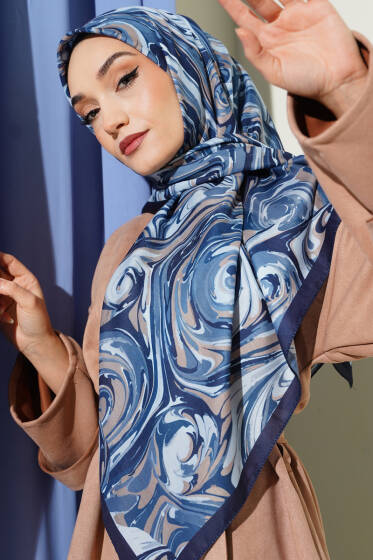 120 cm Sarmal Ebruli Eşarp İndigo - Başörtüsü