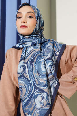 120 cm Sarmal Ebruli Eşarp İndigo - Başörtüsü
