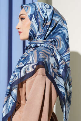 120 cm Sarmal Ebruli Eşarp İndigo - Başörtüsü