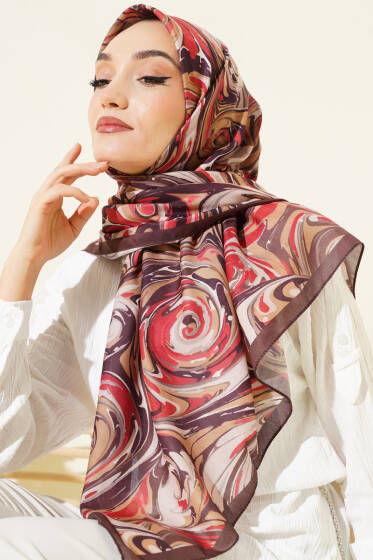 120 cm Sarmal Ebruli Eşarp Kahve - Başörtüsü