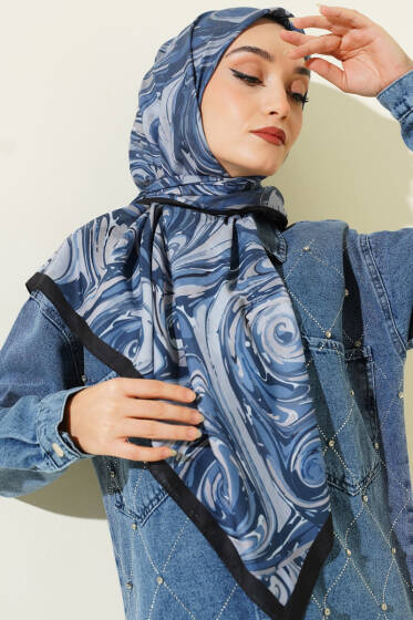 120 cm Sarmal Ebruli Eşarp Lacivert - Başörtüsü