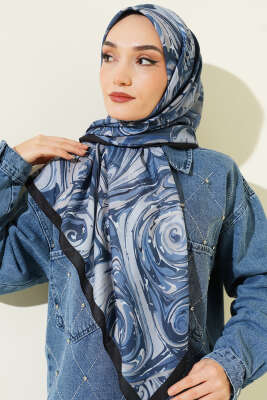 120 cm Sarmal Ebruli Eşarp Lacivert - Başörtüsü