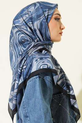 120 cm Sarmal Ebruli Eşarp Lacivert - Başörtüsü