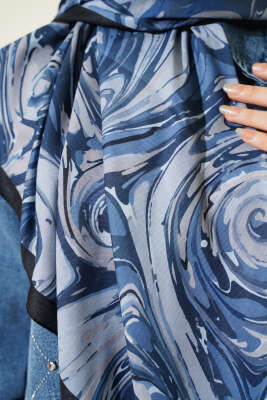 120 cm Sarmal Ebruli Eşarp Lacivert - Başörtüsü