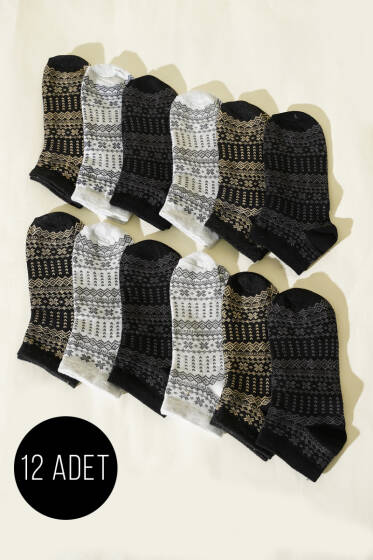 12'li Kadın Desenli Patik Çorap Asorti 26 - Babet / Patik Çorap