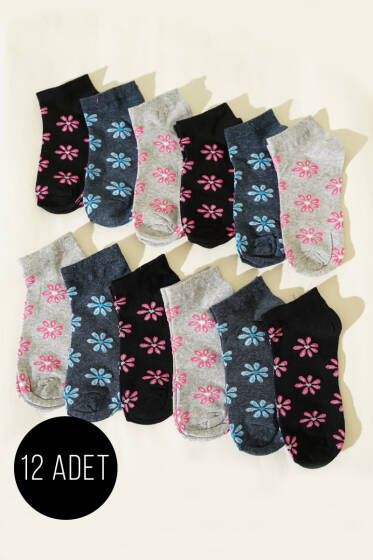  12'li Kadın Desenli Patik Çorap Asorti 30 - Babet / Patik Çorap