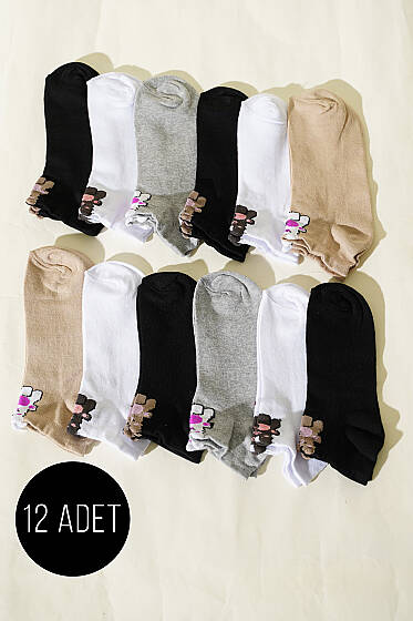 12'li Kadın Kulaklı Desenli Patik Çorap Asorti 1 - Babet / Patik Çorap