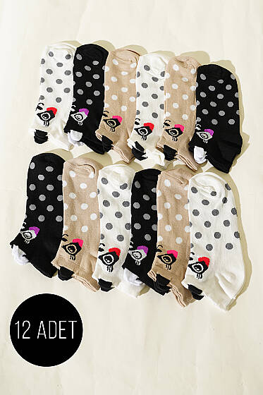 12'li Kadın Kulaklı Desenli Patik Çorap Asorti 2 - Babet / Patik Çorap