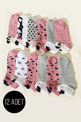 12'li Kadın Kulaklı Desenli Patik Çorap Asorti 3 - KAPAR ÇORAP