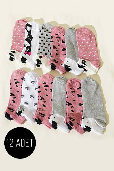 12'li Kadın Kulaklı Desenli Patik Çorap Asorti 3 - Yılın Fırsatı