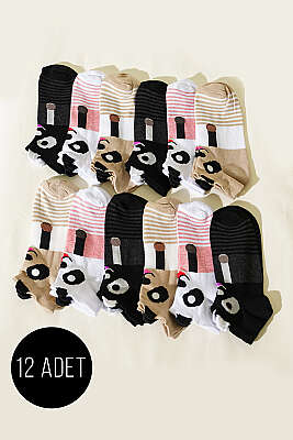 12'li Kadın Kulaklı Desenli Patik Çorap Asorti 4 - KAPAR ÇORAP