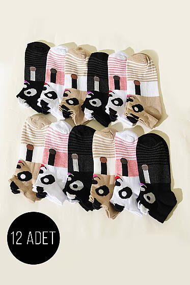 12'li Kadın Kulaklı Desenli Patik Çorap Asorti 4 - Babet / Patik Çorap