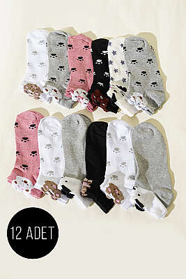 12'li Kadın Kulaklı Desenli Patik Çorap Asorti 5 - KAPAR ÇORAP