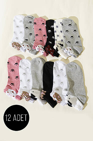 12'li Kadın Kulaklı Desenli Patik Çorap Asorti 5 - Babet / Patik Çorap