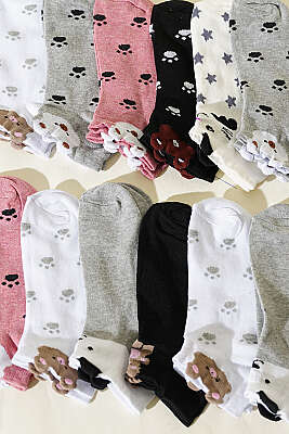 12'li Kadın Kulaklı Desenli Patik Çorap Asorti 5 - Babet / Patik Çorap