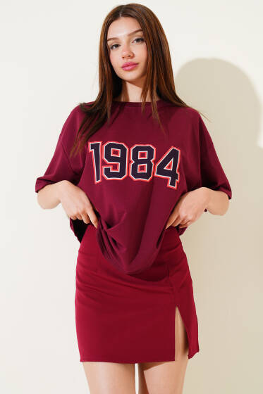 1984 Yazılı T-shirt Bordo - Kadın Giyim Modelleri
