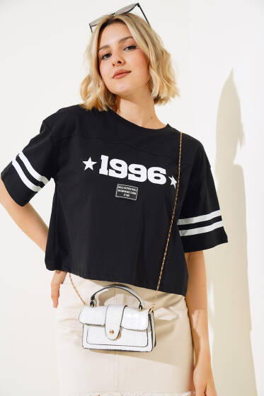 1996 Baskılı T-shirt Siyah - Yeni Giyim
