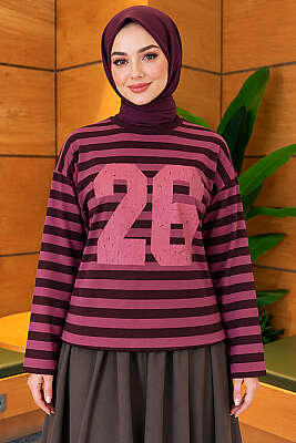 26 Baskılı Çizgili Bluz Menekşe - Yeni Sezon Tesettür Bluz