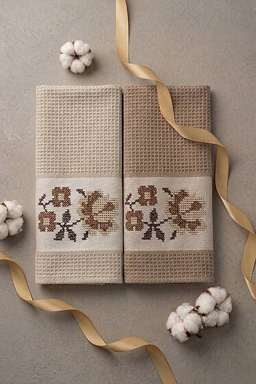 2'li Kutulu Gül Motifli Havlu Seti Asorti 1 - Mutfak Havlusu